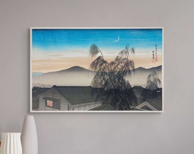 Vintage Japanese Print Evening Moon over Kbe 1921 Goy Hashiguchi Print - Ukiyo-e Poster Fine Art Print Japanese Wall Decor Japanese Moon new
