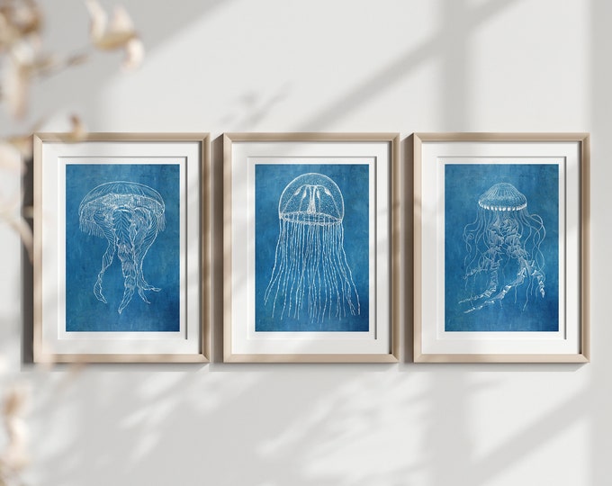 Sea Life Posters Set of 3 - Jellyfish Octopus  Botanical Prints - Marine Wall Art on Matte Paper