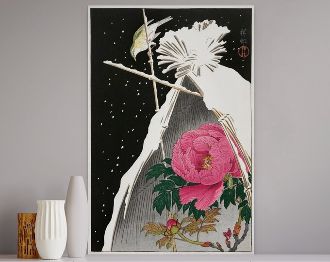 Siberian Bluechat Next to a Peony 1925 by Ohara Koson - Ukiyo-e Art Japanese Art Edo Period Japan Wall Art Japanese Wall Art Japanese Print