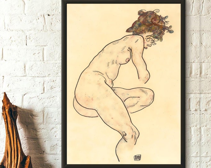 Egon Schiele Print: Seated Nude, Bent Knee - Art Reproduction
