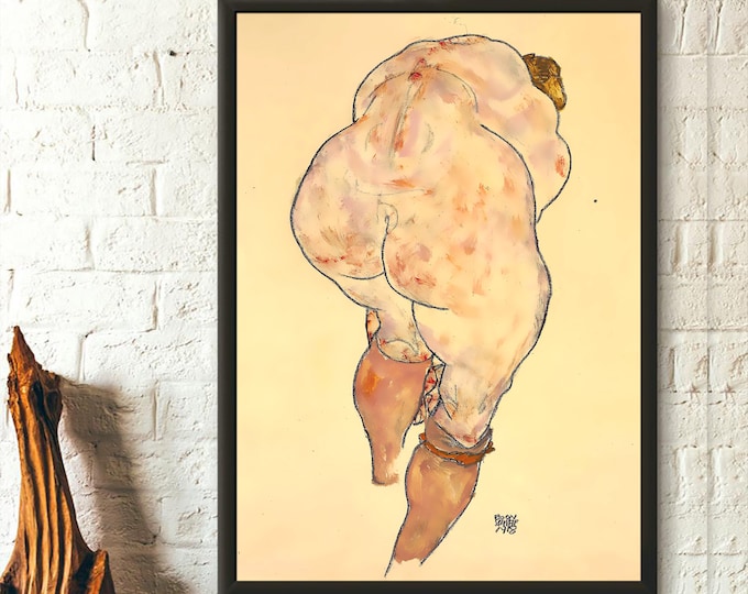 Female Nude Pulling up Stockings Back View - Fine Art Print Schiele Poster Schiele Wall Art Home Decor Gift Idea Birthday Art Reproduction