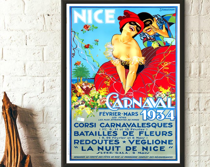 Nice Carnaval Print 1934 - Vintage Travel Poster Nice Poster France Poster Carnaval Travel Wall Art Travel Decor Birthday Gift Idea Wall Art