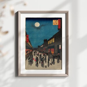 Stampa murale di una scena notturna urbana al chiaro di luna, stampa di una città giapponese d'epoca, poster di arte popolare