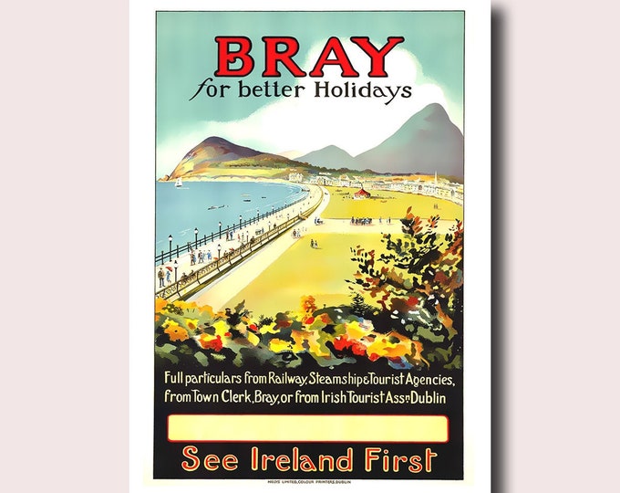 Ireland Travel Wall Art Print  Vintage Bray Poster  Perfect Housewarming Decor