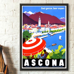Impresión de viaje a Suiza - Póster de Ascona - Póster de viaje vintage - Póster de Suiza - Idea de regalo - Decoración de pared de viaje - Decoración de pared de viaje - Arte de pared