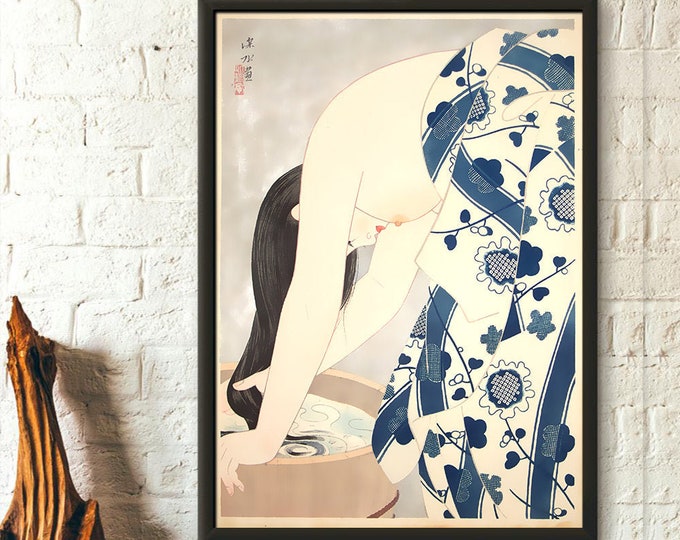 Premium Quality Poster: Wall Art Washing the Hair 1953 Bathroom Poster Bathroom Decor Japanese Art Reproduction
