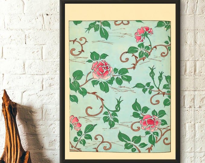 1902 Vintage Japanese Art "Pink Roses"Shin-Bijutsukai - Japanese Wall Art Japanese Decor Birthday Gift Idea Japanese Poster Art Reproduction