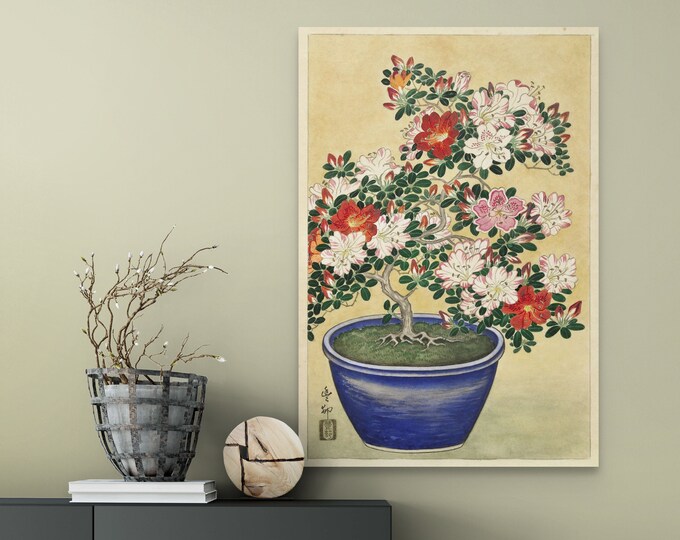 Blooming Azalea in Blue Pot 1920s by Ohara Koson -Japanese Print Japanese Flower Illustration Botanical Print Japanese Decor Botanical Decor
