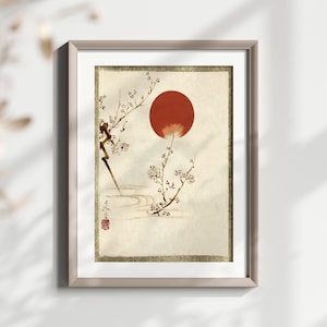 Impresión artística de sol con flor de cerezo japonesa, decoración de pared zen minimalista, elegante decoración del hogar inspirada en la naturaleza
