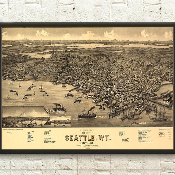 Year 1884 Seattle Map  - Antique Map Poster Seattle Poster Map Prints Birthday Gift Idea Seattle Poster Map Posters - Living Room Prints