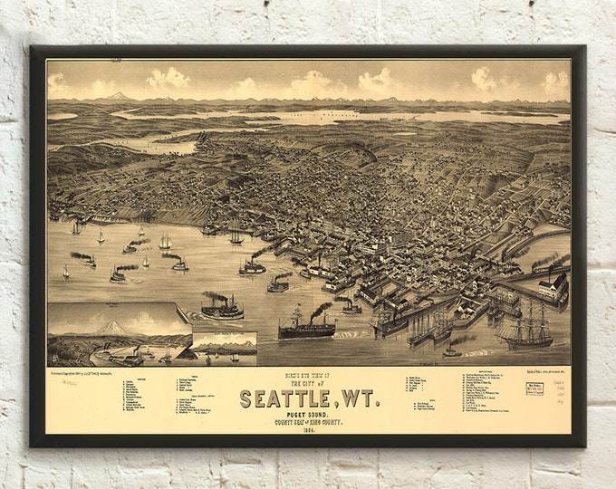 1884 Antique Seattle Map Print: Vintage Living Room Wall Art