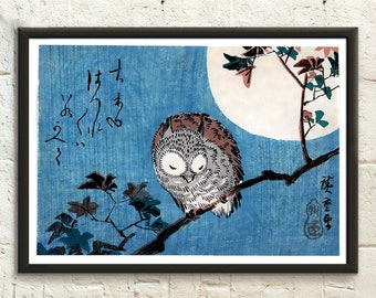 Art japonais - Petit-duc d'Amérique sur une branche d'érable sous la pleine lune - Poster Ukiyo imprimé Hiroshige Utagawa Art du japon Art mural japonais, idée cadeau