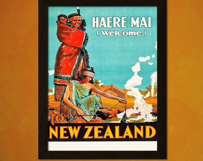 New Zealand Vintage Travel Poster Art Print  1920s Travel Decor  New Zealand Landscape Art