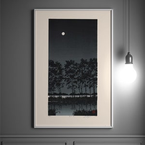 Edo Period Japanese Art Print - Moonlight Trees  River Wall Décor