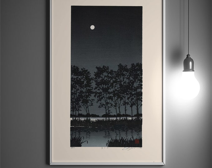 Edo Period Japanese Art Print - Moonlight Trees  River Wall Décor