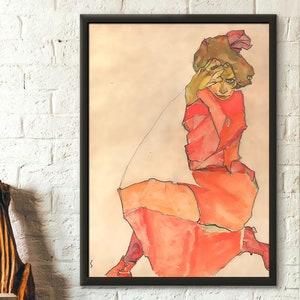 Egon Schiele Print Kneeling Female in Orange-Red Dress 1910 - Fine Art Print Giclee Prints Schiele Poster Reproduction House Warming gift