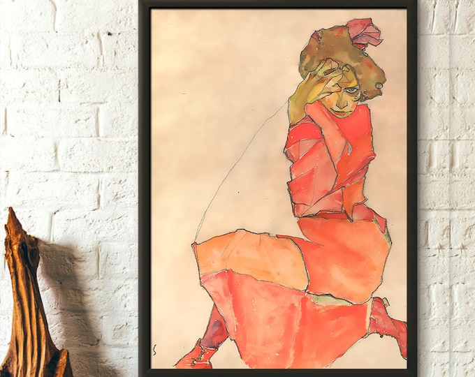 Egon Schiele Print Kneeling Female in Orange-Red Dress 1910 Giclee Poster Fine Art Reproduction Housewarming Gift