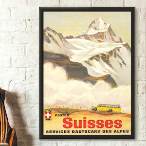 Póster de calidad superior: Póster de viaje vintage de los autobuses de los Alpes suizos Póster de los Alpes Impresión suiza Póster de Suiza Arte de pared de viaje nuevo