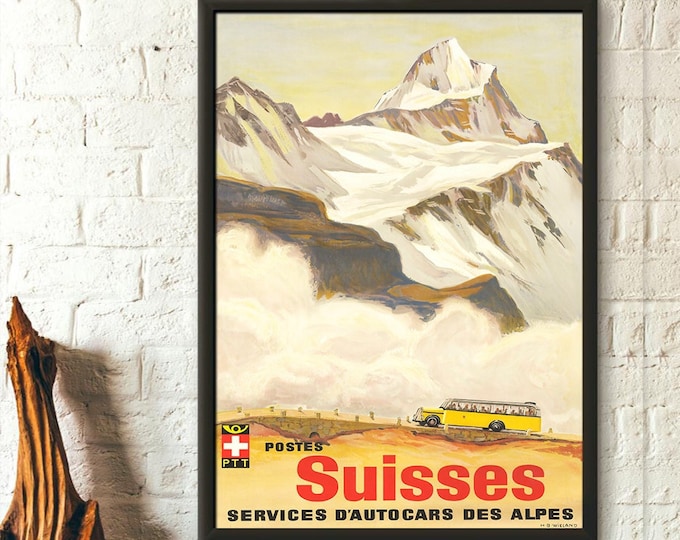 Premium Quality Poster: Switzerland Alps Buses Vintage Travel Poster Alps Poster Swiss Print Switzerland Poster Travel Wall Art new