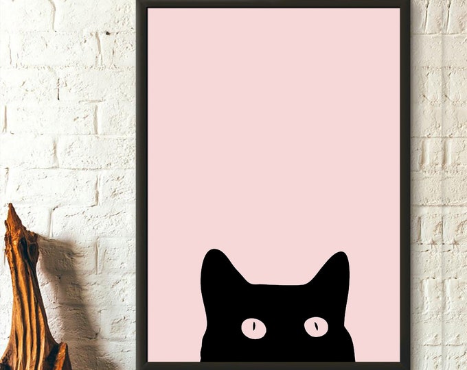 Black Cat Wall Art Print  Cat Lover Decor  Cute Black Cat Portrait