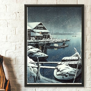 Nieve en Mukojima, 1931. Impresión de Kawase Hasui Ukiyo-e. Póster de primera calidad.