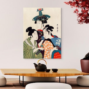 Tres hombres o mujeres jóvenes Kitagawa, Utamaro Impresión artística del siglo XVIII - Impresiones japonesas Ukiyo e Póster Arte mural japonés Japandi Vintage Asiático