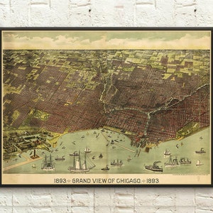 1893 Chicago Birds Eye View Druck Antike Karte Wand Kunst Einzigartige Housewarming Geschenk Wohnzimmer Dekor