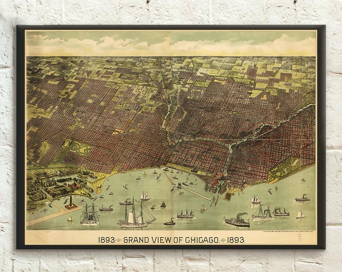 1893 Chicago Bird's Eye View Print: Vintage Map Reproduction