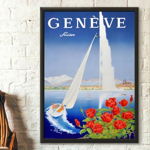 Póster de viaje de Suiza, decoración de pared vintage de Ginebra, impresión de viaje de primera calidad.