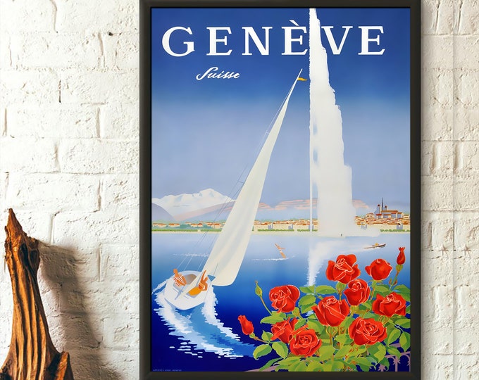 Vintage Geneve Switzerland Travel Poster: Lake Geneva Wall Art