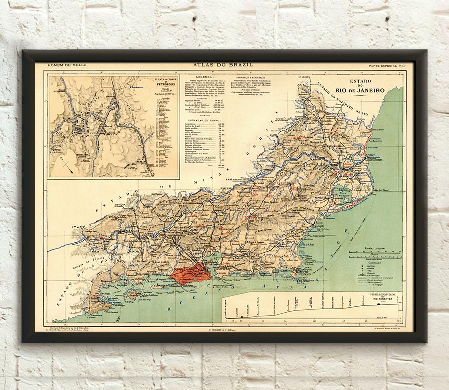 Map Of Brazil 1909 Rio De Janeiro Province Plan Of Petropolis City Brazil Travel Print 1950 Brazilian Travel Poster Brazil Poster