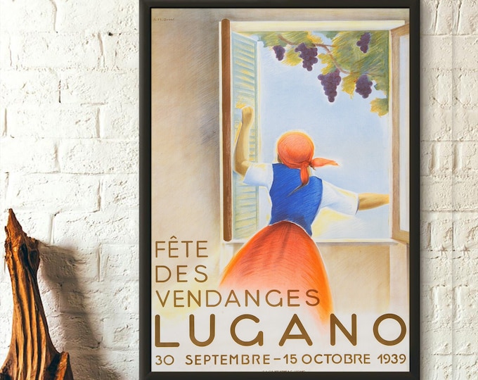 Wall Art Wine Harvest Lugano Print - Lugano Poster Swiss Print Switzerland Poster Lugano Poster Vintage Wine Poster Birthday Gift Idea