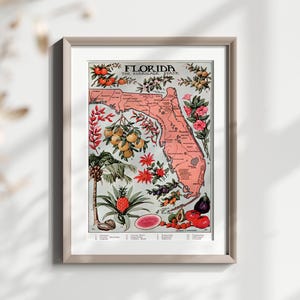 Carte de Floride vintage, impression d'art, décoration murale botanique, affiche de carte d'état rétro illustrée de plantes et de fruits