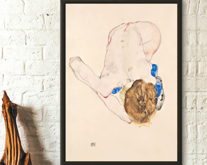 Egon Schiele Nude Print Bending Forward 1912 Fine Art Giclee Poster with Blue Stockings