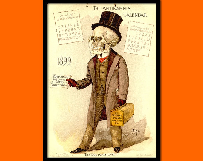 Antikamnia Calendar 1889: Vintage Skeleton Medical Poster