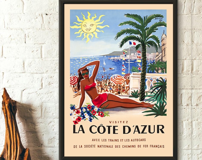 French Riviera Poster Côte d'Azur poster Travel Print South of France Poster Retro Travel Poster Vintage House Warming  Wall Art