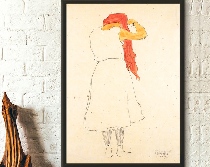 Egon Schiele Print: Standing While Combing, 1909 - Romantic Wall Art