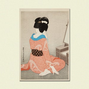 Póster con estampado de kimono japonés Shibori, mujer en espejo, de Hakuho Hirano Ukiyo-e, decoración artística de pared