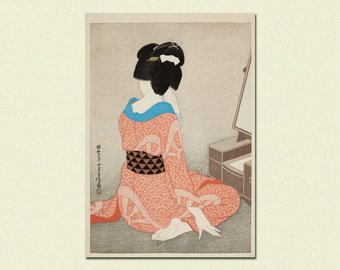 Japanese Shibori Kimono Print Poster Woman in Mirror by Hakuho Hirano  Ukiyo-e Wall Art Decor