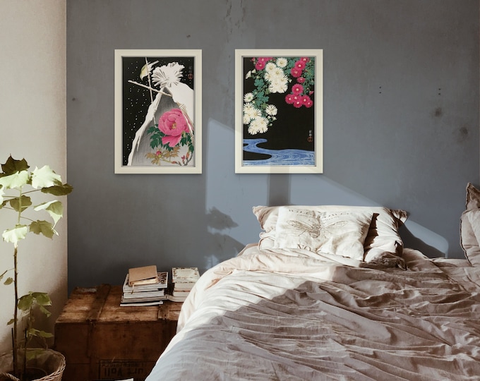 Vintage Japanese Wall Art Set of 2 by Ohara Koson 1925 Flower Prints Decor