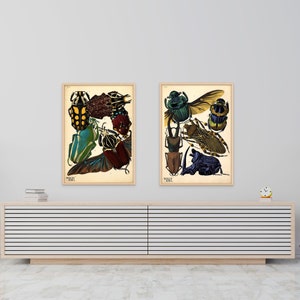 Juego de 2 impresiones de pósteres vintage de insectos escarabajos, obra de arte botánica de la década de 1920