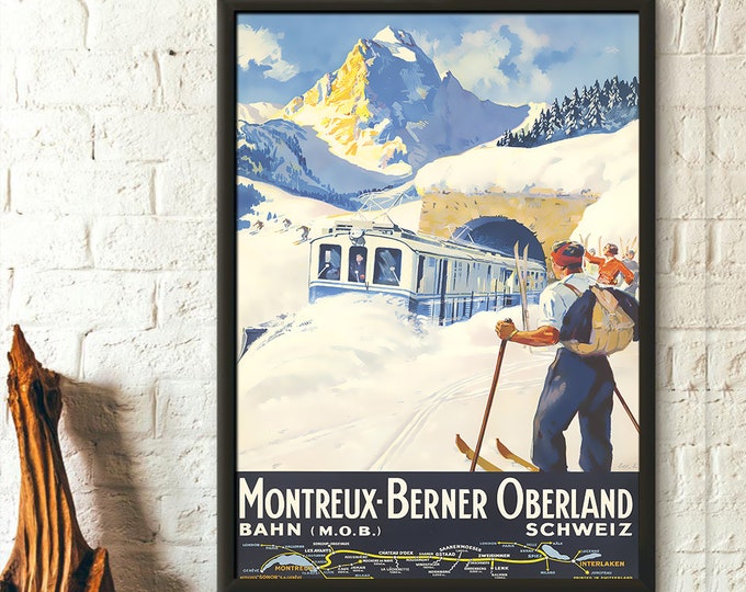 Switzerland Travel Print Montreux Poster Swiss Travel Print Swiss Prints Switzerland Poster Oberland Poster Ski Poster Wall Art