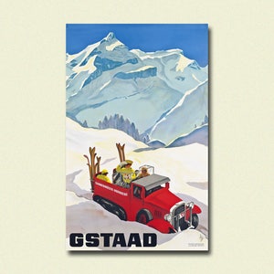 Póster de viaje vintage de Gstaad, impresión artística de montañas nevadas suizas, decoración escénica para el hogar