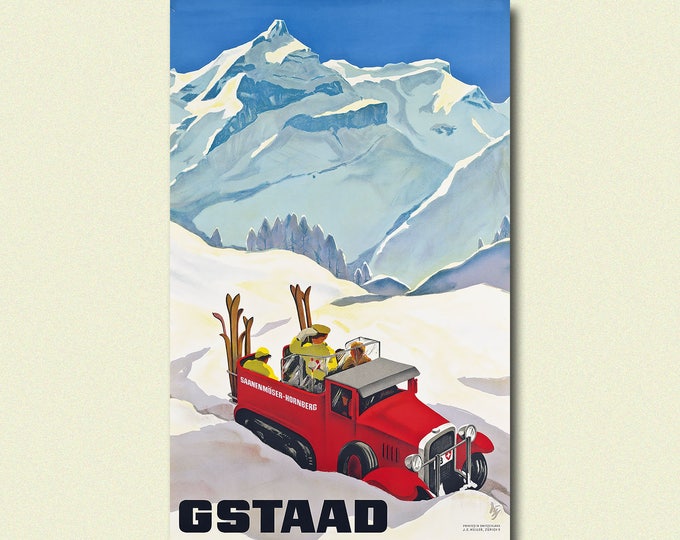 Gstaad Vintage Travel Poster  Swiss Snowy Mountains Art Print  Scenic Home Décor