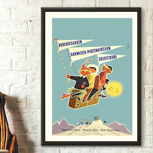 Póster de viaje de los Alpes bávaros: impresión de esquí, arte paisajístico alpino