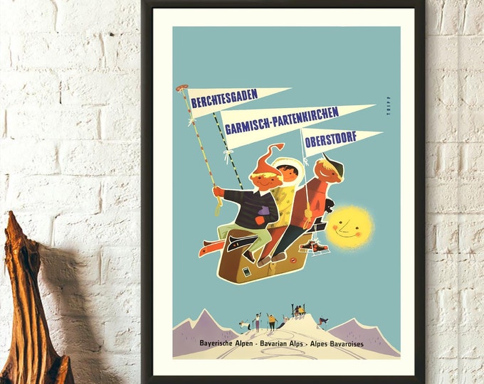 Bavarian Alps Travel Poster - Skiing Print  Alp Landscape Art