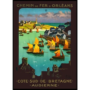 Impresión de viaje de Bretaña, Francia, póster de viaje vintage de los años 20, póster de Bretaña, arte mural de viajes, decoración de viajes, Audierne USP, arte mural nuevo