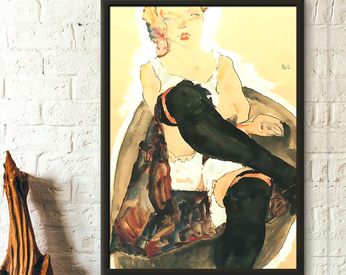 Egon Schiele Print: Girl in Black Stockings, Vintage Wall Art Reproduction