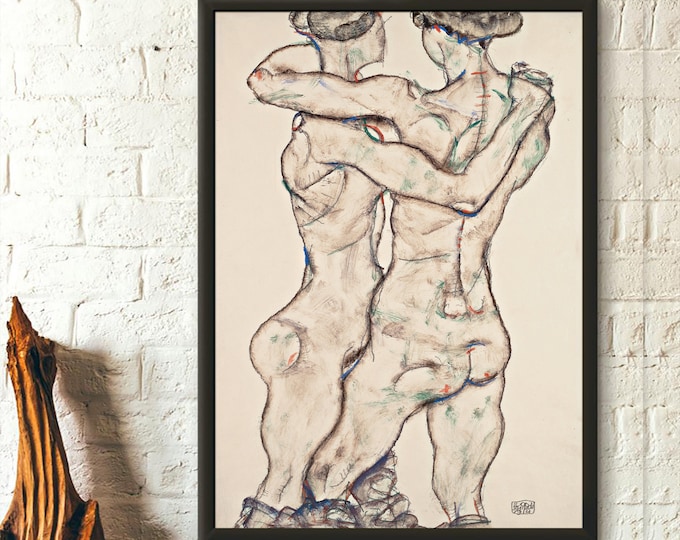 Egon Schiele Print - Egon Schiele Naked Girls Embracing - Fine Art Print Giclee Print Schiele Poster Schiele Art Poster Birthday Gift Idea