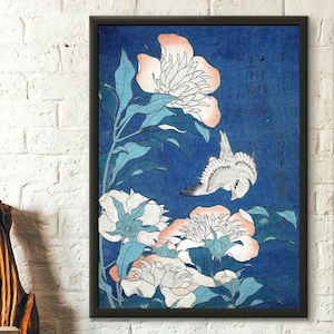 Canario y peonías 1834 Katsushika Hokusai Impresión Póster Ukiyo-e Arte mural japonés Póster Hokusai Decoración japonesa Impresión japonesa